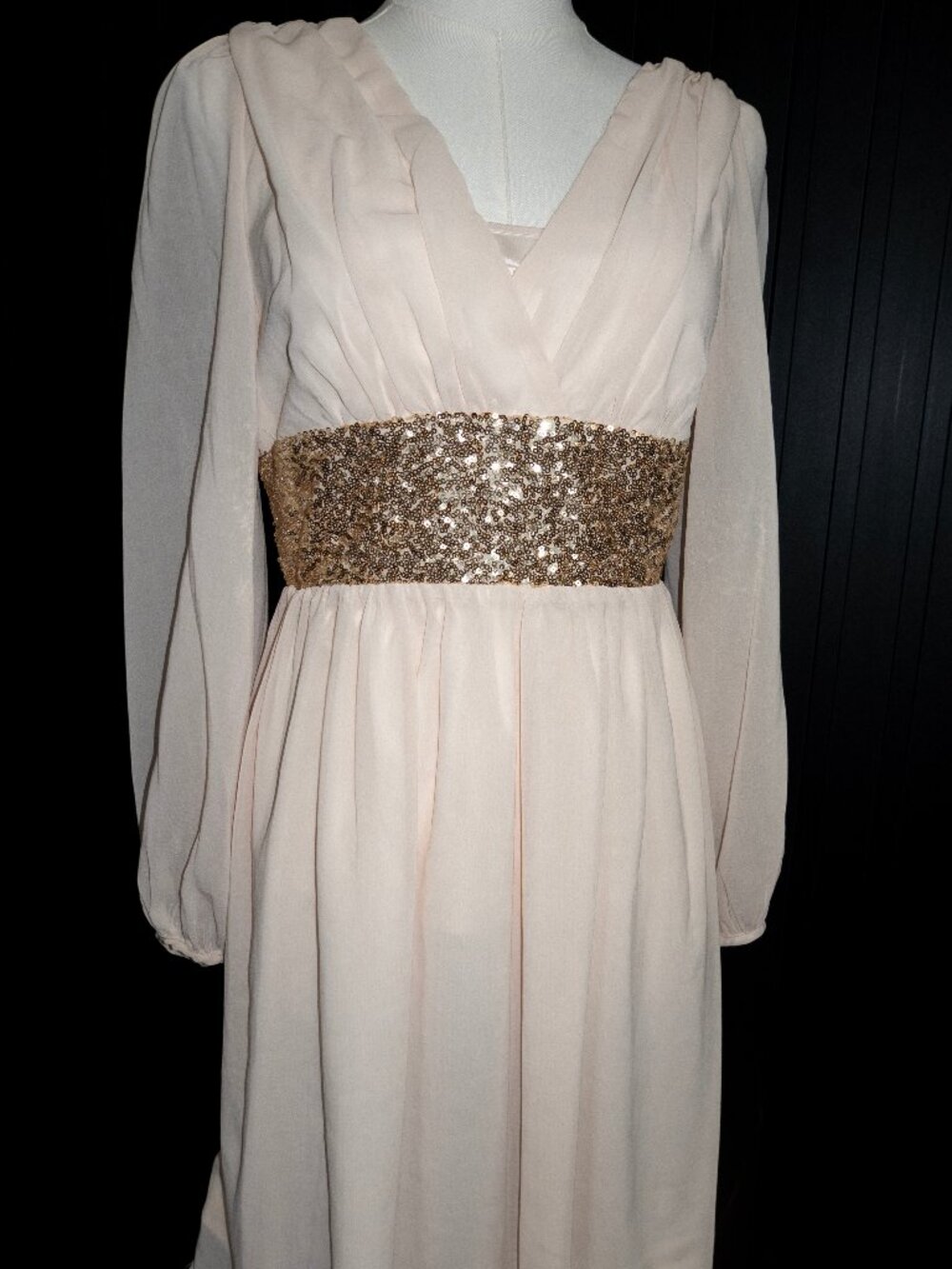 Blush Pink Long Sleeve Sequin Waist Chiffon Midi Dress Formal
